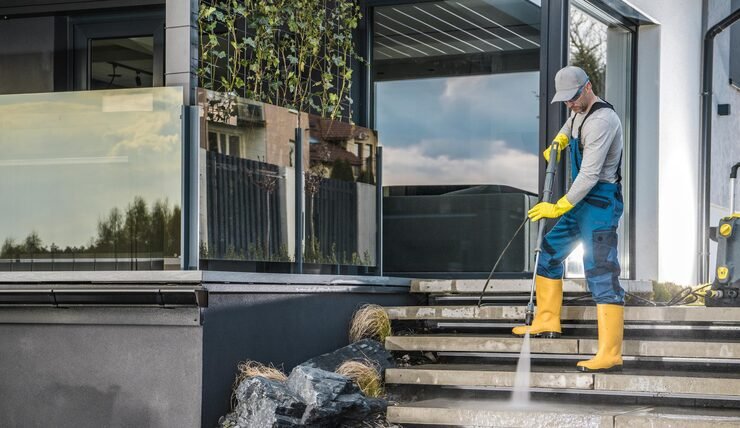 caucasian homeowner pressure washing his garden paths_906478 16