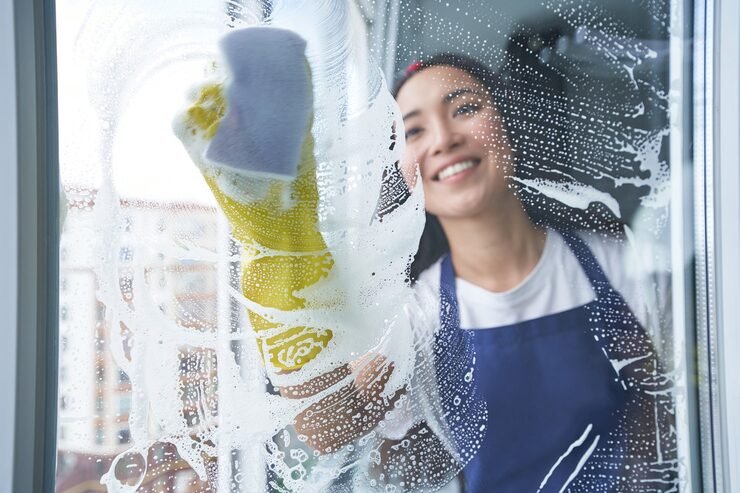 cheerful young woman smiling while cleaning window glass surface using sponge housework housekeeping cleaning service concept view through glass_386167 1540