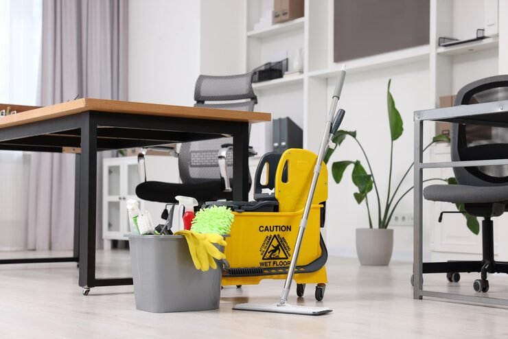 cleaning service mop bucket with supplies wet floor sign office_495423 81039