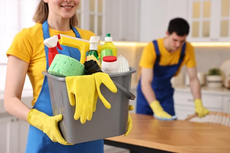 cleaning service worker holding bucket with supplies kitchen closeup_495423 95802