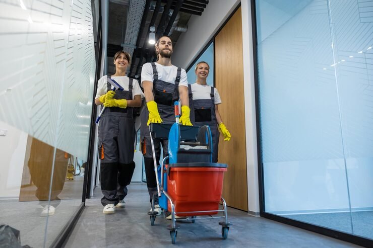 cleaning team walking office corridor with cleaning equipment_259150 85121