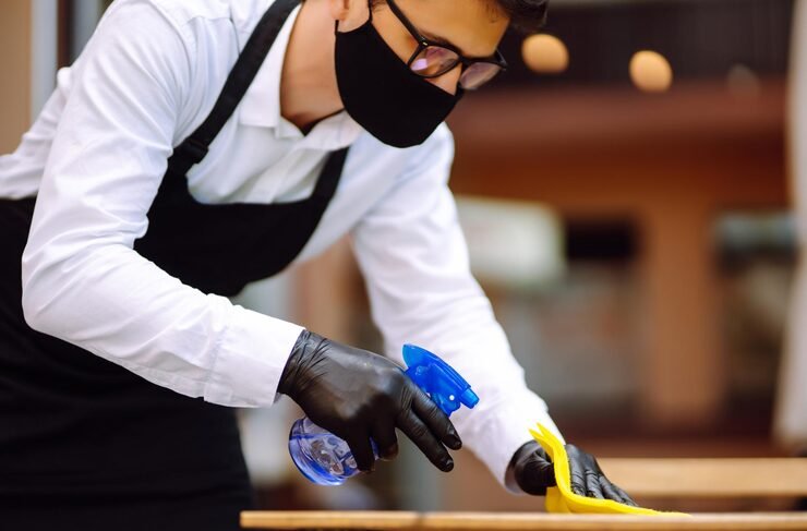 disinfecting prevent covid19 waiter cleaning table with disinfectant spray_217236 6659