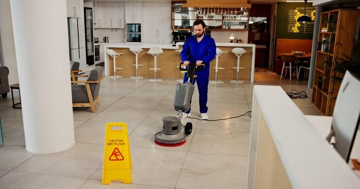 janitor cleaning service polishing machine office scrubbing tiles maintenance hygiene cleaner wet floor man with equipment work dirt removal surface grime warning sign_590464 534703