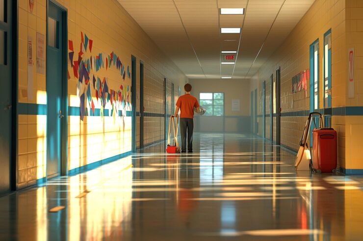 janitor cleaning up school hallway decorated f_1022456 301258