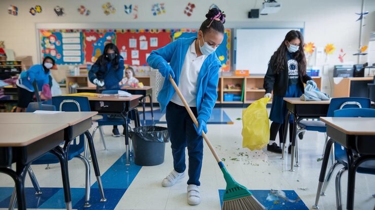 man cleaning floor with broom sign that says new york_913495 3483