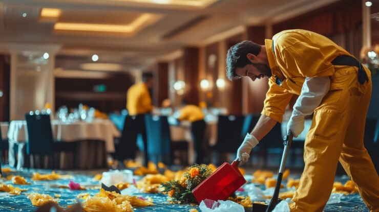 professional cleaner meticulously tidies banquet hall covered colorful flower petals setting is elegant chaotic effective cleaning is key generative ai_1269098 32090