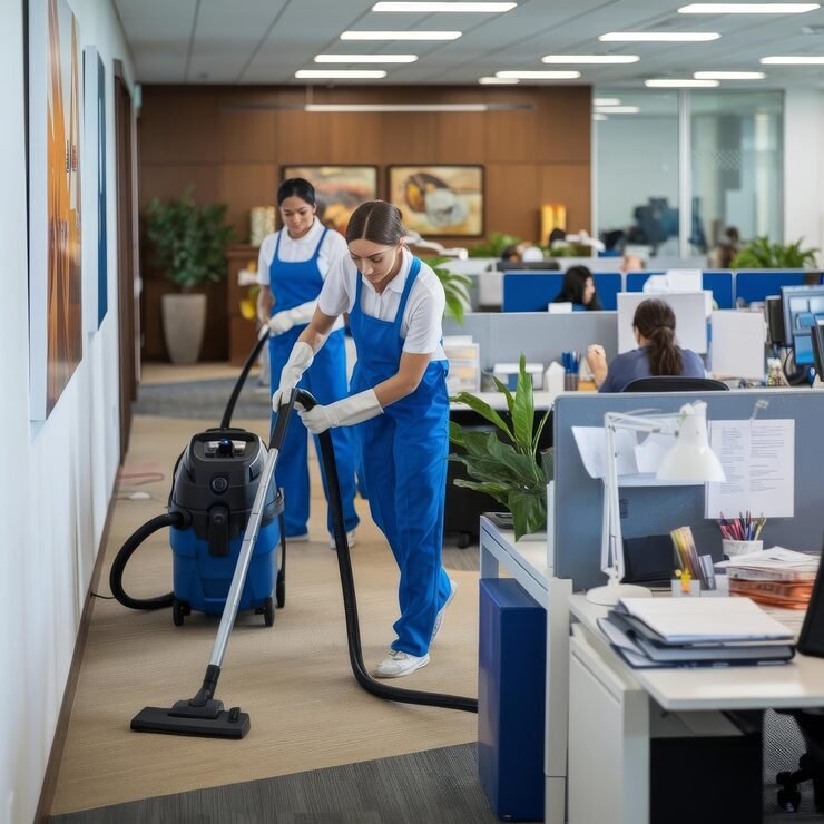 professional cleaners utilizing vacuum cleaner large office with employees background_1358627 14395