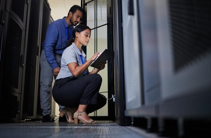 server room engineer team with tablet database connection cable maintenance software update night cybersecurity it man woman with technology networking data center_590464 149089