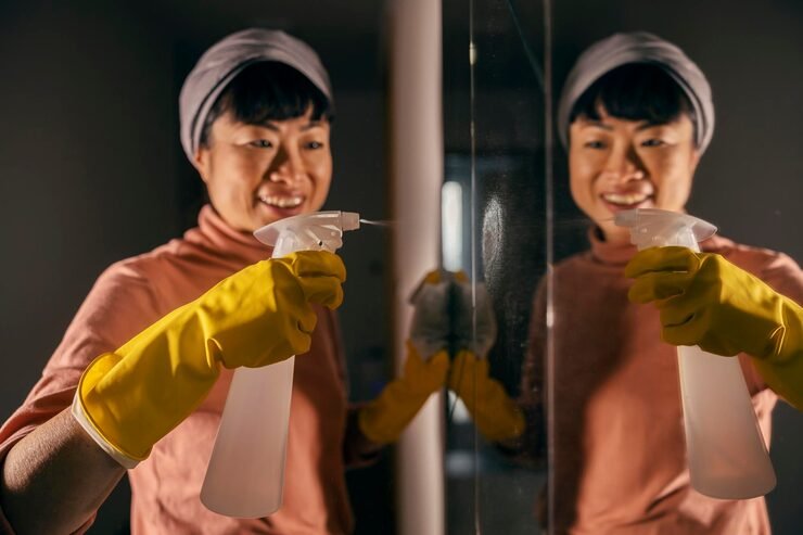 tidy japanese woman is spraying detergent mirror cleaning it_232070 23576