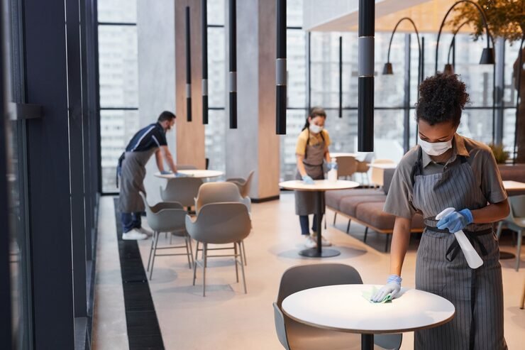 wide angle shot workers wearing masks while cleaning tables cafe interior covid safety concept copy space_236854 31359
