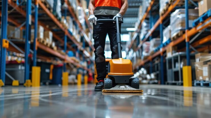 worker highvisibility vest operates floor cleaning machine large warehouse aisle ensuring cleanliness safety_29120 43340