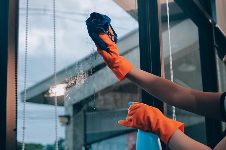 young female worker cleaning window glass with cloth spacious villa_265022 110726